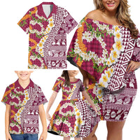 Hawaiian Plumeria Lei Family Matching Off Shoulder Short Dress and Hawaiian Shirt Kakau Motifs and Palaka Half Style Pink Color LT03 - Polynesian Pride