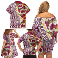 Hawaiian Plumeria Lei Family Matching Off Shoulder Short Dress and Hawaiian Shirt Kakau Motifs and Palaka Half Style Pink Color LT03 - Polynesian Pride