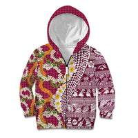 Hawaiian Plumeria Lei Kid Hoodie Kakau Motifs and Palaka Half Style Pink Color LT03 Zip Hoodie Pink - Polynesian Pride