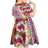 Hawaiian Plumeria Lei Kid Short Sleeve Dress Kakau Motifs and Palaka Half Style Pink Color LT03 - Polynesian Pride