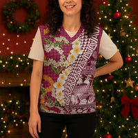 Hawaiian Plumeria Lei Christmas Knitted V-Neck Vest Kakau Motifs and Palaka Half Style Pink Color LT03 - Polynesian Pride