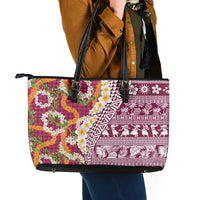 Hawaiian Plumeria Lei Leather Tote Bag Kakau Motifs and Palaka Half Style Pink Color - Polynesian Pride