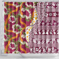 Hawaiian Plumeria Lei Shower Curtain Kakau Motifs and Palaka Half Style Pink Color - Polynesian Pride