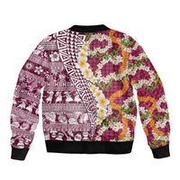 Hawaiian Plumeria Lei Sleeve Zip Bomber Jacket Kakau Motifs and Palaka Half Style Pink Color - Polynesian Pride