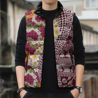Hawaiian Plumeria Lei Sleeveless Puffer Jacket Kakau Motifs and Palaka Half Style Pink Color - Polynesian Pride