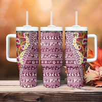 Hawaiian Plumeria Lei Tumbler With Handle Kakau Motifs and Palaka Half Style Pink Color - Polynesian Pride