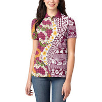 Hawaiian Plumeria Lei Women Polo Shirt Kakau Motifs and Palaka Half Style Pink Color LT03 - Polynesian Pride