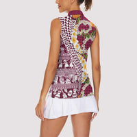 Hawaiian Plumeria Lei Women Sleeveless Polo Shirt Kakau Motifs and Palaka Half Style Pink Color LT03 - Polynesian Pride