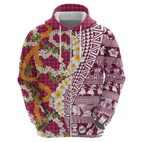 Hawaiian Plumeria Lei Zip Hoodie Kakau Motifs and Palaka Half Style Pink Color LT03 - Polynesian Pride