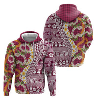 Hawaiian Plumeria Lei Zip Hoodie Kakau Motifs and Palaka Half Style Pink Color LT03 - Polynesian Pride