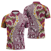 Hawaiian Plumeria Lei Zipper Polo Shirt Kakau Motifs and Palaka Half Style Pink Color LT03 - Polynesian Pride