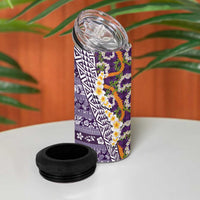 Hawaiian Plumeria Lei 4 in 1 Can Cooler Tumbler Kakau Motifs and Palaka Half Style Purple Color LT03 - Polynesian Pride
