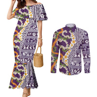 Hawaiian Plumeria Lei Couples Matching Mermaid Dress and Long Sleeve Button Shirt Kakau Motifs and Palaka Half Style Purple Color LT03 Purple - Polynesian Pride