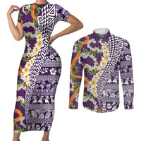 Hawaiian Plumeria Lei Couples Matching Short Sleeve Bodycon Dress and Long Sleeve Button Shirt Kakau Motifs and Palaka Half Style Purple Color LT03 Purple - Polynesian Pride