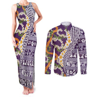 Hawaiian Plumeria Lei Couples Matching Tank Maxi Dress and Long Sleeve Button Shirt Kakau Motifs and Palaka Half Style Purple Color LT03 Purple - Polynesian Pride