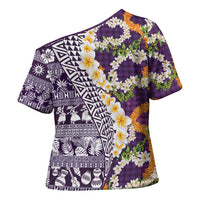 Hawaiian Plumeria Lei Cross Shoulder Shirt Kakau Motifs and Palaka Half Style Purple Color LT03 - Polynesian Pride