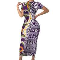 Hawaiian Plumeria Lei Family Matching Short Sleeve Bodycon Dress and Hawaiian Shirt Kakau Motifs and Palaka Half Style Purple Color LT03 Mom's Dress Purple - Polynesian Pride