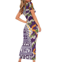 Hawaiian Plumeria Lei Family Matching Short Sleeve Bodycon Dress and Hawaiian Shirt Kakau Motifs and Palaka Half Style Purple Color LT03 - Polynesian Pride