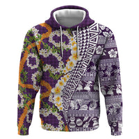 Hawaiian Plumeria Lei Hoodie Kakau Motifs and Palaka Half Style Purple Color LT03 Pullover Hoodie Purple - Polynesian Pride