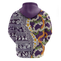 Hawaiian Plumeria Lei Hoodie Kakau Motifs and Palaka Half Style Purple Color LT03 - Polynesian Pride