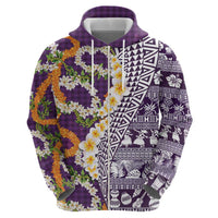 Hawaiian Plumeria Lei Hoodie Kakau Motifs and Palaka Half Style Purple Color LT03 - Polynesian Pride