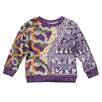 Hawaiian Plumeria Lei Kid Ugly Christmas Sweater Kakau Motifs and Palaka Half Style Purple Color LT03 Kid Purple - Polynesian Pride