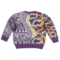 Hawaiian Plumeria Lei Kid Ugly Christmas Sweater Kakau Motifs and Palaka Half Style Purple Color LT03 - Polynesian Pride