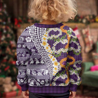 Hawaiian Plumeria Lei Kid Ugly Christmas Sweater Kakau Motifs and Palaka Half Style Purple Color LT03 - Polynesian Pride