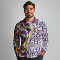 Hawaiian Plumeria Lei Long Sleeve Polo Shirt Kakau Motifs and Palaka Half Style Purple Color LT03 - Polynesian Pride