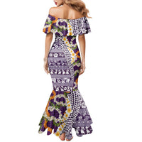 Hawaiian Plumeria Lei Mermaid Dress Kakau Motifs and Palaka Half Style Purple Color LT03 - Polynesian Pride