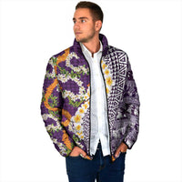Hawaiian Plumeria Lei Padded Jacket Kakau Motifs and Palaka Half Style Purple Color - Polynesian Pride