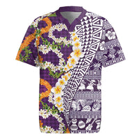 Hawaiian Plumeria Lei Rugby Jersey Kakau Motifs and Palaka Half Style Purple Color - Polynesian Pride