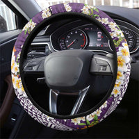 Hawaiian Plumeria Lei Steering Wheel Cover Kakau Motifs and Palaka Half Style Purple Color LT03 - Polynesian Pride