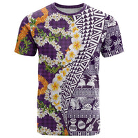 Hawaiian Plumeria Lei T Shirt Kakau Motifs and Palaka Half Style Purple Color LT03 Purple - Polynesian Pride