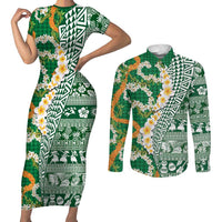 Hawaiian Plumeria Lei Couples Matching Short Sleeve Bodycon Dress and Long Sleeve Button Shirt Kakau Motifs and Palaka Half Style Green Color LT03 Green - Polynesian Pride