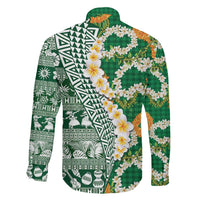 Hawaiian Plumeria Lei Family Matching Off The Shoulder Long Sleeve Dress and Hawaiian Shirt Kakau Motifs and Palaka Half Style Green Color LT03 - Polynesian Pride