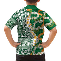 Hawaiian Plumeria Lei Family Matching Off Shoulder Maxi Dress and Hawaiian Shirt Kakau Motifs and Palaka Half Style Green Color LT03 - Polynesian Pride