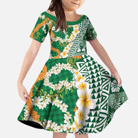 Hawaiian Plumeria Lei Family Matching Puletasi and Hawaiian Shirt Kakau Motifs and Palaka Half Style Green Color LT03 Daughter's Dress Green - Polynesian Pride