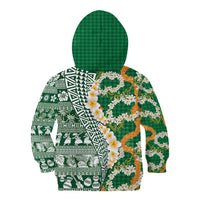 Hawaiian Plumeria Lei Kid Hoodie Kakau Motifs and Palaka Half Style Green Color LT03 - Polynesian Pride