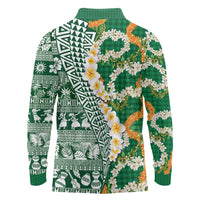 Hawaiian Plumeria Lei Long Sleeve Polo Shirt Kakau Motifs and Palaka Half Style Green Color LT03 - Polynesian Pride