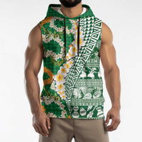 Hawaiian Plumeria Lei Sleeveless Hoodie Kakau Motifs and Palaka Half Style Green Color LT03 - Polynesian Pride