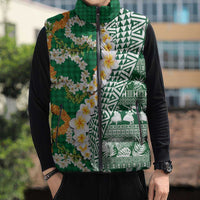 Hawaiian Plumeria Lei Sleeveless Puffer Jacket Kakau Motifs and Palaka Half Style Green Color - Polynesian Pride
