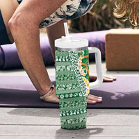 Hawaiian Plumeria Lei Tumbler With Handle Kakau Motifs and Palaka Half Style Green Color - Polynesian Pride