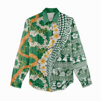 Hawaiian Plumeria Lei Women Casual Shirt Kakau Motifs and Palaka Half Style Green Color LT03 - Polynesian Pride
