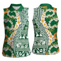 Hawaiian Plumeria Lei Women Sleeveless Polo Shirt Kakau Motifs and Palaka Half Style Green Color LT03 - Polynesian Pride