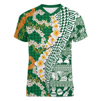 Hawaiian Plumeria Lei Women V-Neck T-Shirt Kakau Motifs and Palaka Half Style Green Color LT03 Female Green - Polynesian Pride
