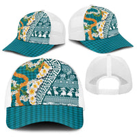Hawaiian Plumeria Lei Baseball Net Cap Kakau Motifs and Palaka Half Style Turquoise Color - Polynesian Pride