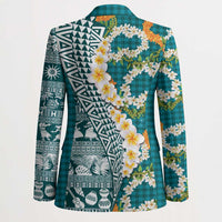 Hawaiian Plumeria Lei Blazer Kakau Motifs and Palaka Half Style Turquoise Color - Polynesian Pride