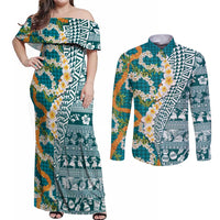 Hawaiian Plumeria Lei Couples Matching Off Shoulder Maxi Dress and Long Sleeve Button Shirt Kakau Motifs and Palaka Half Style Turquoise Color LT03 Turquoise - Polynesian Pride