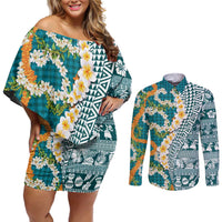 Hawaiian Plumeria Lei Couples Matching Off Shoulder Short Dress and Long Sleeve Button Shirt Kakau Motifs and Palaka Half Style Turquoise Color LT03 Turquoise - Polynesian Pride